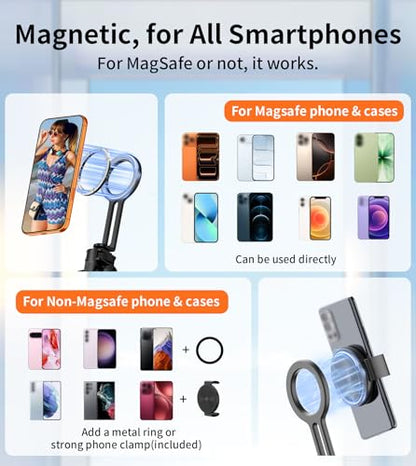 Gahenwo 69" Magnetic Phone Tripod for All Phones,Selfie Stick for Magsafe with Rechargeable Remote & Phone Mount ,Portable Stand with Tripod Leg for iPhone/Android,Camera Mounts & Clamps,Photo,Travel