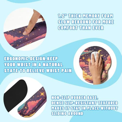 Dreamy Clouds Desk Mat Set Magical Star Night Large Mouse Pad with Wrist Rest 4in1 Desk Mat for Desktop Ergonomic Keyboard Wrist Support Anti-Slip Computer Ergonomic Mouse Pad Home Office Gaming - color: Dreamy Clouds