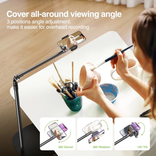 elitehood Floor Phone Stand Overhead Video Recording, 360 Degrees Swivel Tilt Adjustable iPhone Stand for Bed, Chair, Desk, Floor Phone Holder Compatible with iPhone 15, 14, 13, 12, Android Phone - style: Floor Stand