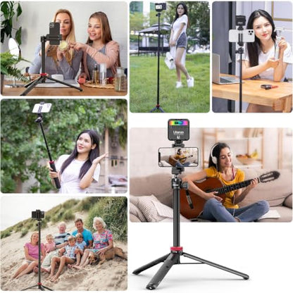 ULANZI MT-44 Auto Open Phone Tripod, 59" Extendable Selfie Stick Vlog Stand with 2 in 1 Phone Clip, 360° Ball Head Camera Tripod for iPhone Sony DJI Osmo Pocket 4 Nano Luna, Lightweight for Travel - color: BLACK
