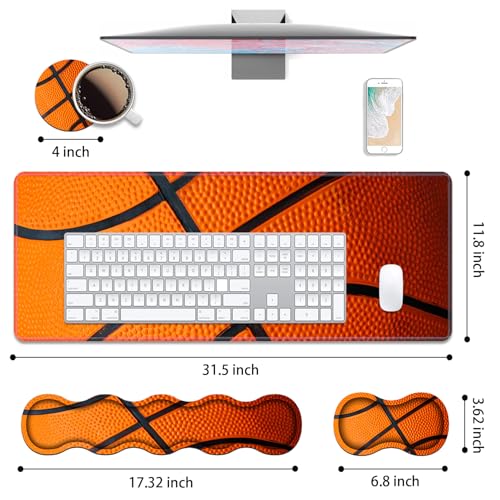 4 in 1 Ergonomic Keyboard Wrist Rest & Mouse Pad Wrist Rest Set, Large XXL Gaming Desk Mat 31.5"x 11.8" with Non-Slip Base, Memory Foam for Home Office Study Gaming, Basketball Surface - color: Basketball Surface