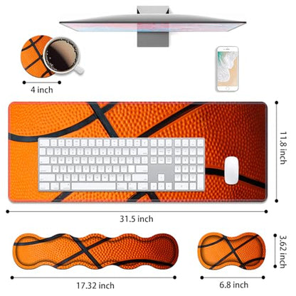 4 in 1 Ergonomic Keyboard Wrist Rest & Mouse Pad Wrist Rest Set, Large XXL Gaming Desk Mat 31.5"x 11.8" with Non-Slip Base, Memory Foam for Home Office Study Gaming, Basketball Surface - color: Basketball Surface