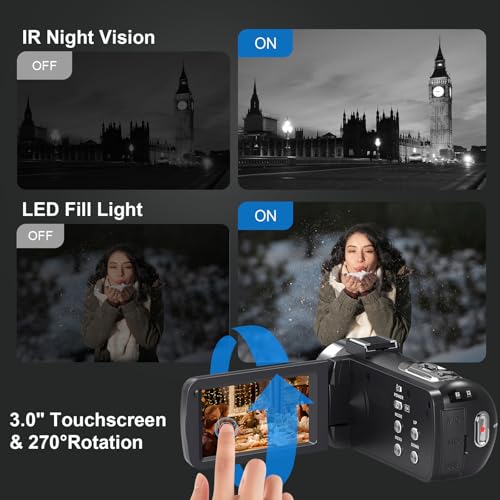 8K Video Camera Camcorder 64MP YouTube Vlogging Cameras IR Night Vision WiFi Webcam Camcorders with 18X Digital Zoom 3.0”Touch Screen Stabilizer, Mic, 64G SD Card, Remote Control and 2 Batteries