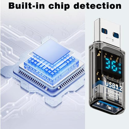 USB to USB3.2 Adapter,10Gbps Converter with LED Voltage Display (2Pack) | 10Gbps high-speed data transfer,LED screen displays real-time voltage/current. Supports fast charging,Plug & Play