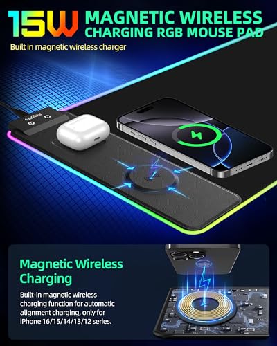 ExtreLife Wireless Charging Mouse Pad, RGB Gaming Mousepad, 31.5"x11.8" Extra Large Desk Mat, 13 Light Modes, Ultra-Smooth Surface, Non-Slip Base, Waterproof Computer Keyboard Pad for Laptop, Black - color: Black-31.5"x11.8"