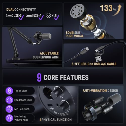 FIFINE Dynamic Podcast Microphone Set with Boom Arm Stand, Studio XLR/USB Microphone for Recording Vocal Streaming, Metal Mic with Mute Tap, Headphone Jack, Heavy Duty Boom Arm-K688T - size: K688T Black