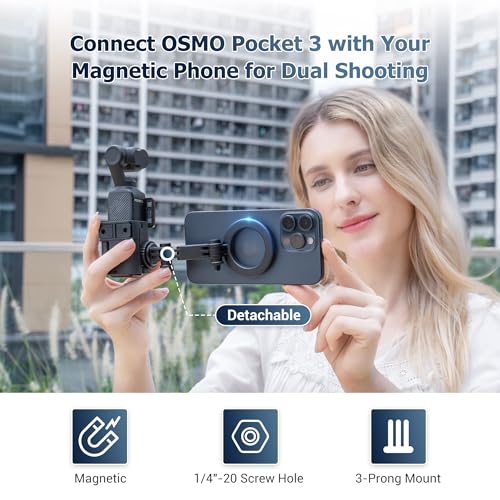 JJC Pocket 3 Magnetic Phone Holder for DJI Osmo Pocket 4 3 & Xtra Muse Accessories, Detachable Expansion Adapter Compatible with Magsafe Cell Phones/Case, Folding 2-Fingers for Tripod Extension Rod - color: Black -Magnetic Handle Version