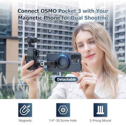 JJC Pocket 3 Magnetic Phone Holder for DJI Osmo Pocket 4 3 & Xtra Muse Accessories, Detachable Expansion Adapter Compatible with Magsafe Cell Phones/Case, Folding 2-Fingers for Tripod Extension Rod - color: Black -Magnetic Handle Version