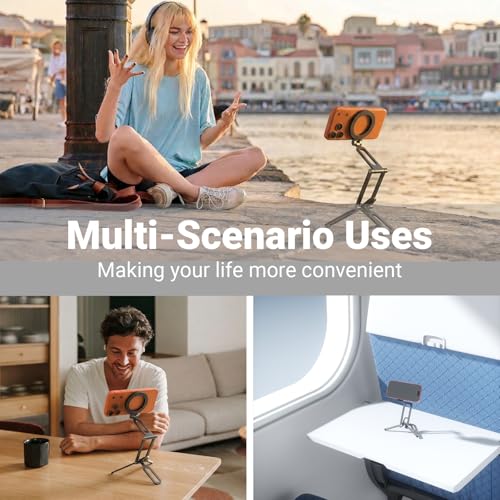 Magnetic Phone Tripod, Compatible with MagSafe, Portable Aluminum Alloy Magnetic Phone Stand with Comfort Grip for iPhone 17/16/15/14/13/12 Series, Fits Desktop, Gym, Travel & Selfie (Gray) - color: Silver-Gray