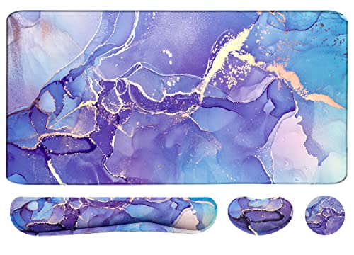 Large Mouse Pad and Keyboard Wrist Rest, Desk Pad for Keyboard and Mouse, 4-in-1 Large Gaming Mouse Pad with Wrist Support - Purple Marble - color: Purple Blue Marble