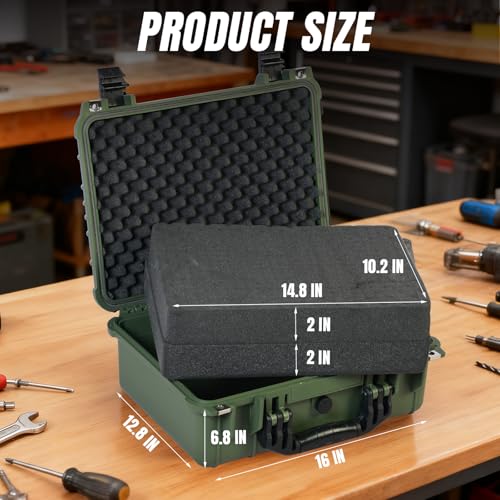 Jack Boss 16x 12.8x 6.8 Inch Hard Case, Portable Weather Waterproof Protective Camera Case with Customizable Foam, Fit Use of Drones, Camera, Equipments, Green - color: GREEN, size: 16x12.8x6.8"
