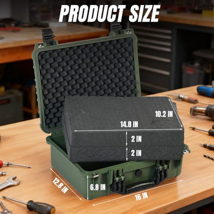 Jack Boss 16x 12.8x 6.8 Inch Hard Case, Portable Weather Waterproof Protective Camera Case with Customizable Foam, Fit Use of Drones, Camera, Equipments, Green - color: GREEN, size: 16x12.8x6.8"