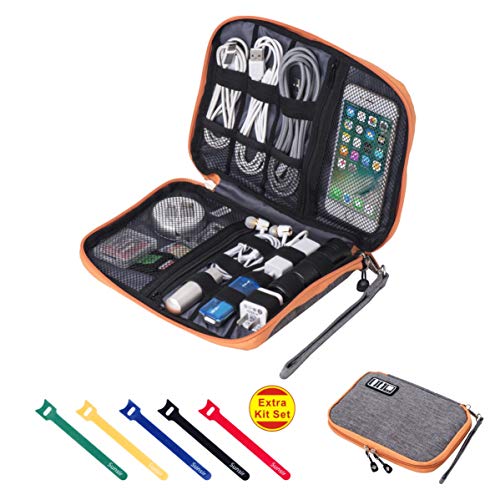 Travel Cable Organizer Bag Waterproof Portable Electronic Accessories Organizer for USB Cable Cord Phone Charger Headset Wire SD Card with 5pcs Cable Ties(Orange) - color: Orange