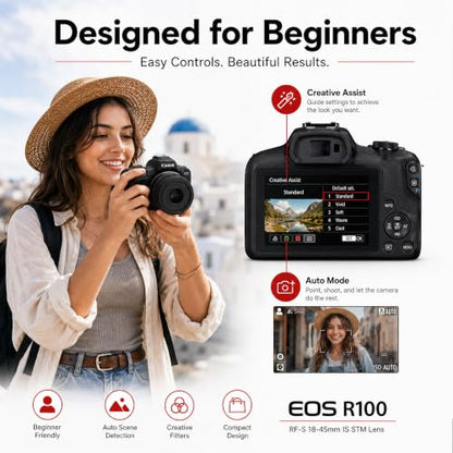 Canon EOS R100 Mirrorless Camera Body with RF-S 18-45mm F4.5-6.3 is STM Lens 6052C012 Bundle with Double Battery, Memory Card, Deco Gear Deluxe Case and Mini Tripod & Accessories - color: Sable