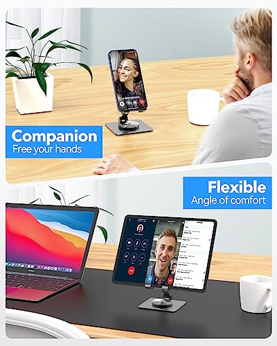 Adjustable Phone & Tablet Stand, Fits 4–9.7in Devices, Grey | 360° Viewing Flexibility • Reinforced Aluminum Build • Dual-Hinge Adjustment • Travel-Ready Storage - color: Grey