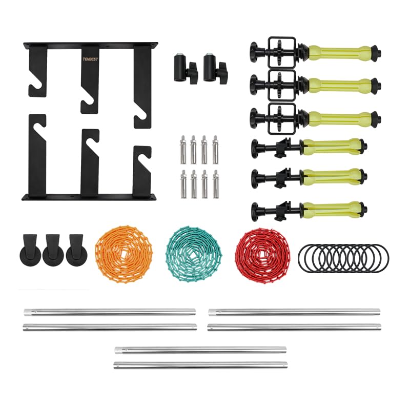 Photography Backdrop Roller Support System with 3 Rollers, 80-inch Stainless Steel Crossbars for Limited Space, Wall/Ceiling/Stand Mount, Yellow Red Green Chains - color: Red/Yellow/Green Plastic Chain+80inch Crossbars