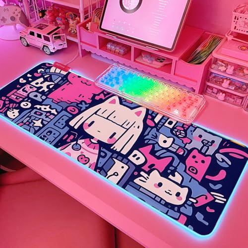 JMIYAV Pink RGB Gaming Mouse Pad 31.5x12 Inch PC XL Large Extended Glowing Led Light Up Desk Pad Non-Slip Rubber Base Computer Cute Mousepad Mat Desk Accessories Gaming Setup 378 - color: Kittycore Dream