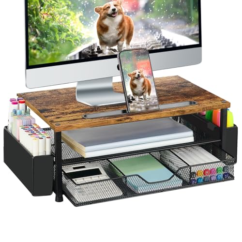 AUPSEN Wood Desk Organizers and Accessories, 2-Tier Computer Monitor Stand Riser with Drawer, Pen Storage & Phone Holder, Office Desk Accessories, Workspace Desktop Organization for Office Supplies（Brown） - color: Brown Wood
