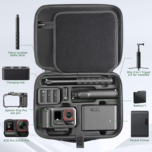 STARTRC VCR Carry Case for Insta360 ACE Pro/Ace Pro 2 Xplorer Grip Pro Flash Print Bundle Accessories Hard Storage Travel Bag extension Cage for Insta 360 Mini 2-in-1 Tripod/114cm Selfie Stick