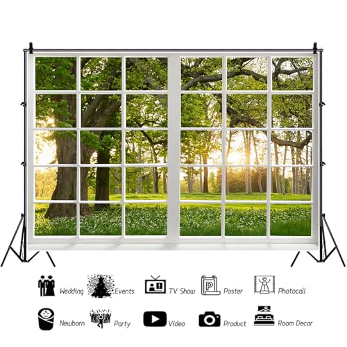 Renaiss 15x10ft Green Trees Forest Window Backdrop for Photoshoot Portrait Spring Summer Scenery Woodland French Window Photography Background Baby Shower Birthday Party Decors Photo Booth Props - size: 15x10ft