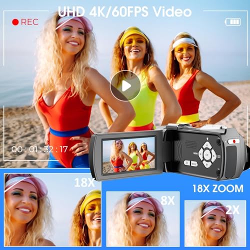 4K Ultra HD Video Camera Camcorder, 48MP Digital Recorder with Wireless Lavalier Microphone, 18X Digital Zoom, Remote Control, 32GB SD Card for Vlogging YouTube Travel