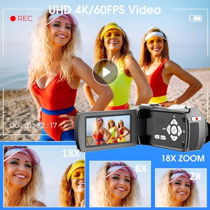 4K Ultra HD Video Camera Camcorder, 48MP Digital Recorder with Wireless Lavalier Microphone, 18X Digital Zoom, Remote Control, 32GB SD Card for Vlogging YouTube Travel