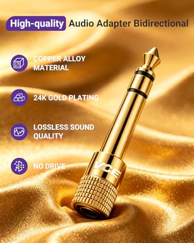 VCE 6.35mm Male to 3.5mm Female 1/4 inch to 1/8 inch 24K Stereo Audio Jack Adapter for Aux Cable, Guitar Amplifier, Headphone, 2 Pack - color: Black