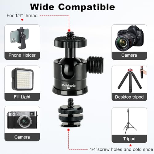 Koolehaoda Mini Ball Head with Cold Shoe Mount 360° Swivel for Camera | Tripod Ball Head Aluminum 1/4" Screw Panoramic Mount with Removable Hot Shoe Adapter for Video Light Microphone