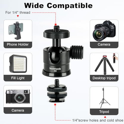 Koolehaoda Mini Ball Head with Cold Shoe Mount 360° Swivel for Camera | Tripod Ball Head Aluminum 1/4" Screw Panoramic Mount with Removable Hot Shoe Adapter for Video Light Microphone