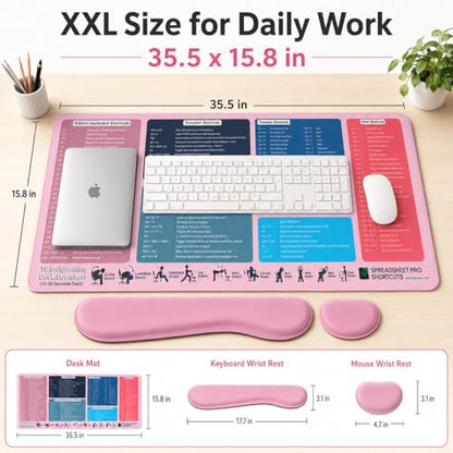 Excel Cheat Sheet Desk Pad Set, 3-Piece XXL Shortcut Mouse Pad with Keyboard and Wrist Rests, Non-Slip Office Mat, 35.5 x 15.8 in, Blush Pink - color: Blush Pink (XXL 3-Piece Set), size: 35.5L x 15.8W inches