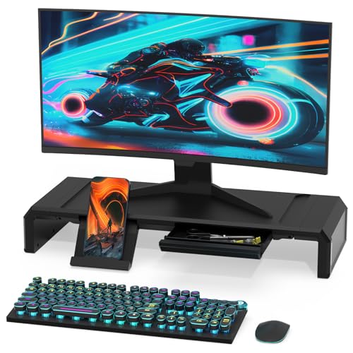 Heymaster Monitor Stand Riser with Drawer, Foldable & Adjustable Length Computer Stand with Phone & Tablet Holder, Space Saving Desk Organizer Shelf for Home Office, Laptop, Desktop - color: Black-Basic