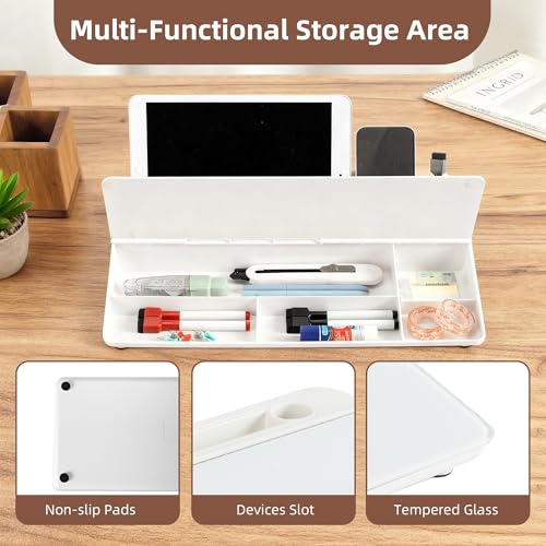 VUSIGN Glass Desktop Whiteboard with Storage, 6.8" x 15.8" Small Dry Erase Board, Desk Organizer Whiteboard, Computer Keyboard Stand, Includes 4 Markers, 1 Eraser for Office, Home, School