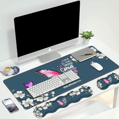 Ergonomic Keyboard Wrist Rest & Mouse Pad Wrist Rest Set, Large XXL Gaming Desk Mat 31.5"x 11.8" with Non-Slip Base for Home Office Study Gaming, Floral Butterfly Quote Bible Verse Philippians 4:13 - color: Butterfly Quote Bible Verse Philippians 4:13