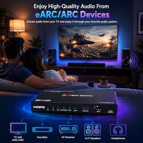 J-Tech Digital 8K HDMI Audio Extractor with eARC ARC 8K 60Hz 4K 120Hz, HDMI to Optical L/R Converter Adapter, HDCP 2.3 HDR CEC EDID [JTECH-8KAE] - size: 8K 60Hz