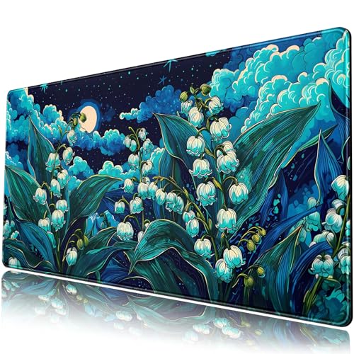 Desk Mat Floral Blue Green Large Mouse Pad 31.5''X15.7'' Lofi Aesthetic Desk Pad Lily of The Valley Extended Gaming Mousepad XXL Keyboard Mouse Mat Pretty Office Decor - color: Floral Blue Green