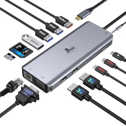 USB C Docking Station Dual Monitor for Laptop, LIONWEI 14-in-1 USB-C Hub with Triple Display, 2 HDMI + VGA, Ethernet, 6 USB A/C 3.0/2.0, PD, SD/TF, Audio, USBC Dock for Surface/HP/Dell/Lenovo/MacBook - color: 2 HDMI+VGA+ethernet