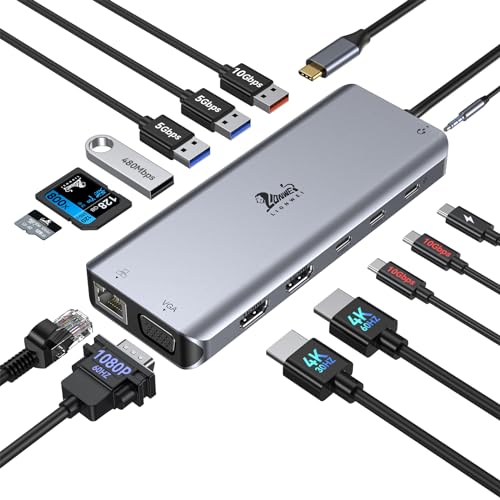 USB C Docking Station Dual Monitor for Laptop, LIONWEI 14-in-1 USB-C Hub with Triple Display, 2 HDMI + VGA, Ethernet, 6 USB A/C 3.0/2.0, PD, SD/TF, Audio, USBC Dock for Surface/HP/Dell/Lenovo/MacBook - color: 2 HDMI+VGA+ethernet