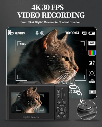 4K Digital Camera for Beginners & Teens, Autofocus Vlogging Camera with 180° Flip Screen, 18X Zoom, Easy-to-Use Compact Travel Camera, WiFi, 2 Batteries, 32GB Card - color: Black