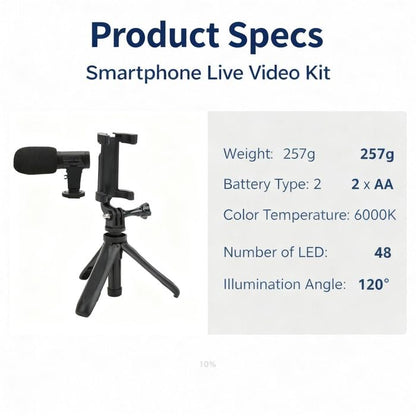 Smartphone Vlogging Kit Live Broadcast Phone Video Microphone Kit with Fill Light Tripod and Phone Holder - 5 - in - 1 LED Fill Light, Desktop Stand Can Be Handheld, Ideal for Li