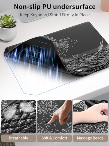 3-in-1 Ergonomic Keyboard Stand with Wrist Rest & Mouse Pad Set, Comfy Keyboard Riser Holder Soft Mousepad with Massage Design, Memory Foam and Non-Slip PU Base for Pain Relief, Black Wave of Kanagawa - color: Black Wave