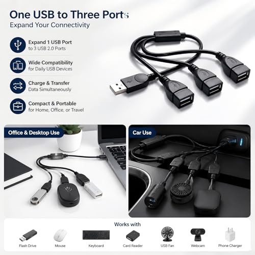 USB Splitter 1 in 3 Out, USB 2.0 Y Splitter Cable, Male to 3 Female, Portable USB Hub for Laptop, PC, Car, PS5, Xbox - Data Transfer & Shared Charging