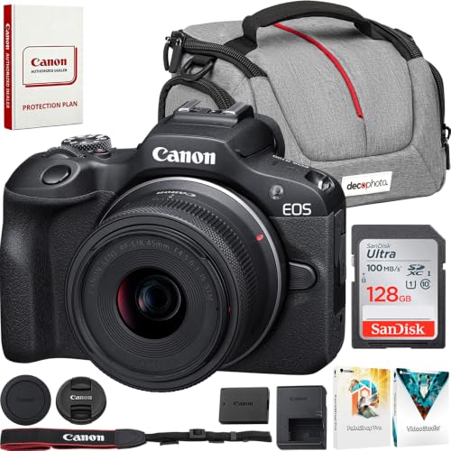 Canon EOS R100 Mirrorless Camera with RF-S 18-45mm is STM Lens | USA Warranty, Authorized Dealer | Bundle with Sandisk 128GB Memory Card, Camera Bag & Photo Editing Software - color: Coal