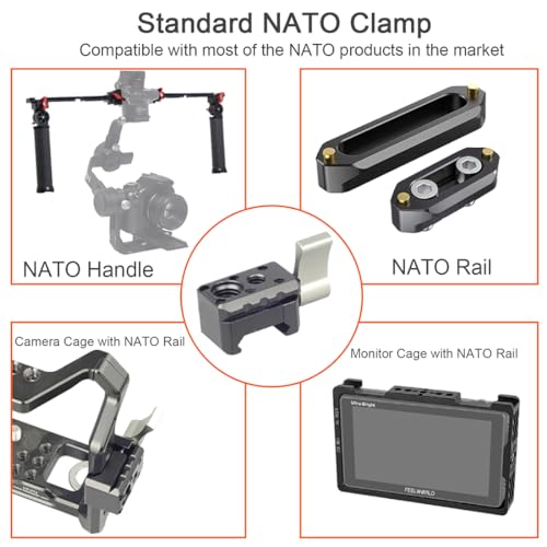 NATO Clamp Adapter Monitor Mount Quick Release NATO Rail Clamp with 1/4 and 3/8 Thread Holes for Camera Cage Handle Monitor LED Light Microphone Cold Shoe Magic Arm