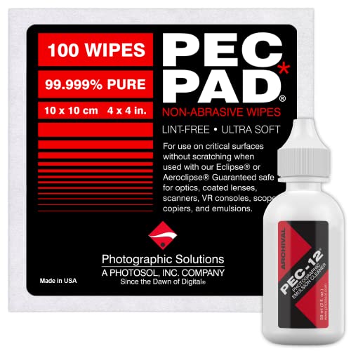 PEC-12 Photographic Emulsion Cleaner Kit and PEC-PAD Lint Free Non-Abrasive Wipes 4"x4" 100 Sheets per/Pkg - for Cleaning Film, Photo Negative, B&W Slide - Dropper Tip (59ml) 2oz - size: 1 Fl Oz (Pack of 2)