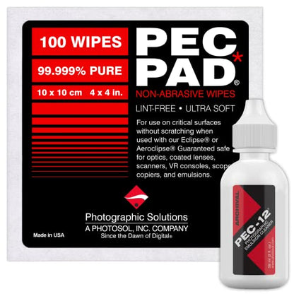 PEC-12 Photographic Emulsion Cleaner Kit and PEC-PAD Lint Free Non-Abrasive Wipes 4"x4" 100 Sheets per/Pkg - for Cleaning Film, Photo Negative, B&W Slide - Dropper Tip (59ml) 2oz - size: 1 Fl Oz (Pack of 2)