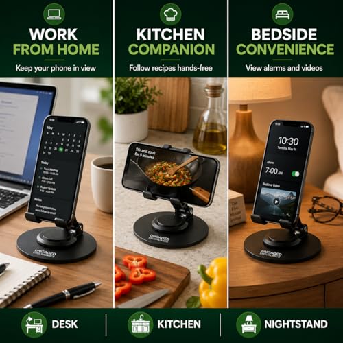 Uncaged Ergonomics 360° Swivel Rotating Adjustable Phone Stand for Desk, Portable & Foldable Cell Phone Stand for Desk, Compact Mobile Stand for Tabletop, Office, Kitchen & Bedroom (Black)