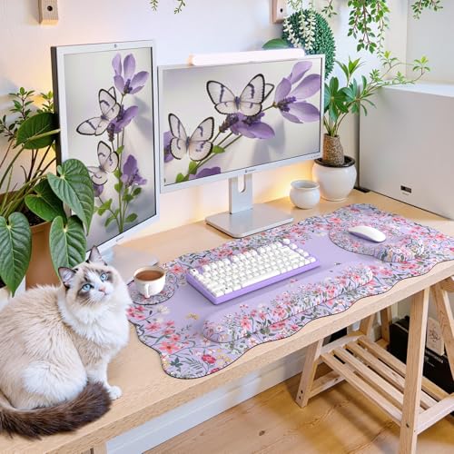 iCasso Desk Mat Set,Large Mouse Pad with Wrist Rest,Ergonomic Keyboard Wrist Support for Women,Girly Floral Computer Mat with Scalloped Edges,Non-Slip Desk Pad Home Office Gaming (Purple) - color: Purple