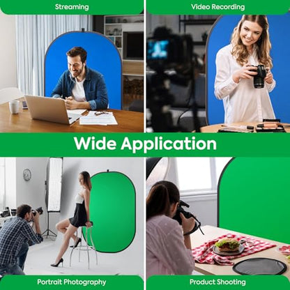 Portable Green Blue Backdrop 5x6.5ft/1.5x2m,2 in 1 Pop Up Collapsible Reversible Background with Carrying Bag for Photography Studio, Video & Live Streaming