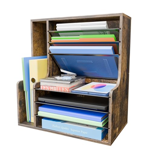 Simple Trending Wooden Desk Organizer, 7- Tier File Organizer, Adjustable Letter Tray Paper Organizer with File Holder for Office Supplies, Rustic Brown