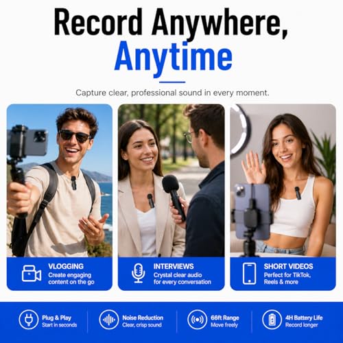 Acuvar Wireless Lavalier Microphone for iPhone & Android, 2 Pack Mini Wireless Mic, Plug & Play Clip On Microphone for Video Recording, Interview, Vlog with Adapter